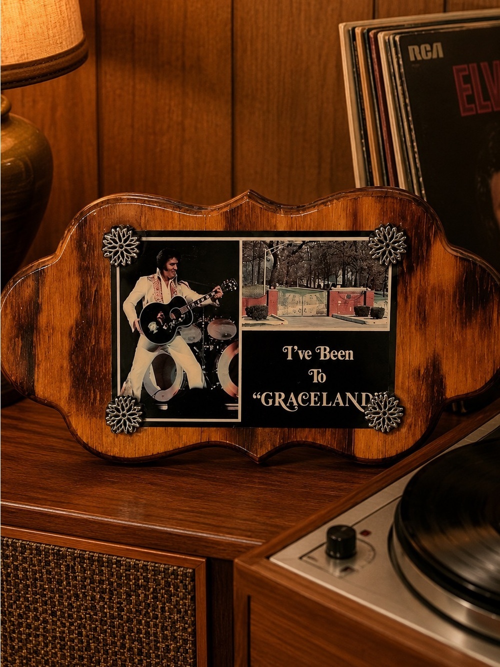 Vintage 1970s Elvis Presley Graceland Souvenir Wood Plaque Wall Decor